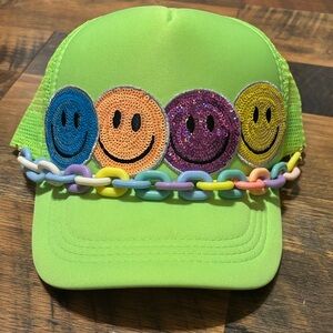 Neon Green Smiley Face Cap with Chain